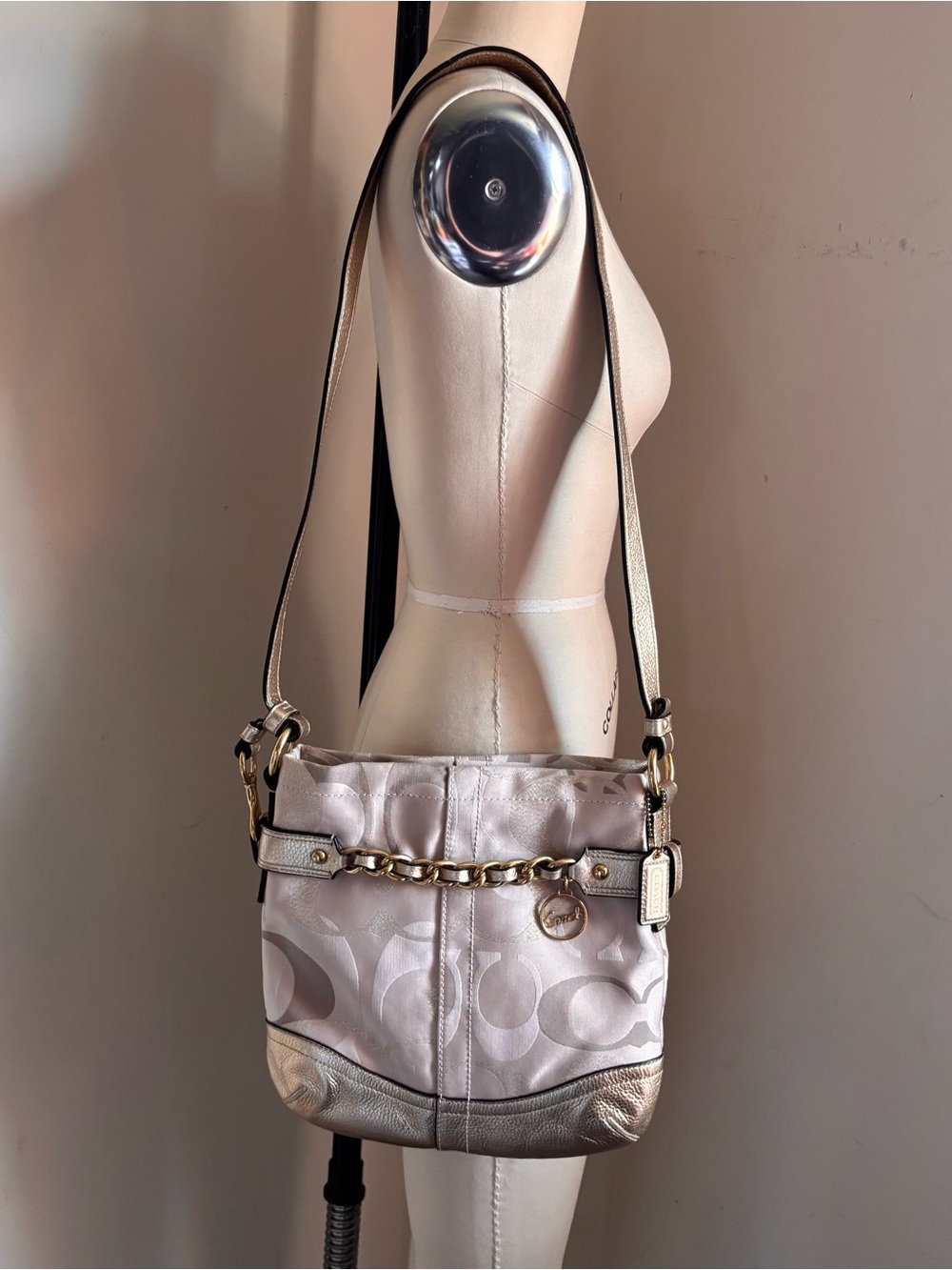 Coach Optic Metallic Signature Chain Canvas Leather Shoulder Bag Gold Accents